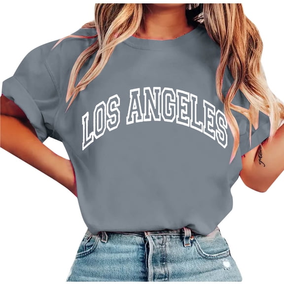 HomeDM Women's Short Sleeve Shirts, Crew Neck Letter Print Summer Loose Fit Tee Shirts Casual Tops - Gray/XL