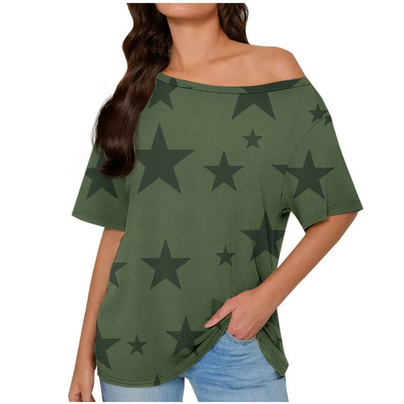 HomeDM Women's Short Sleeve T-Shirts Summer Cold Shoulder Casual Shirts Dressy Beach Vacation Blouse Tops - Army Green/S