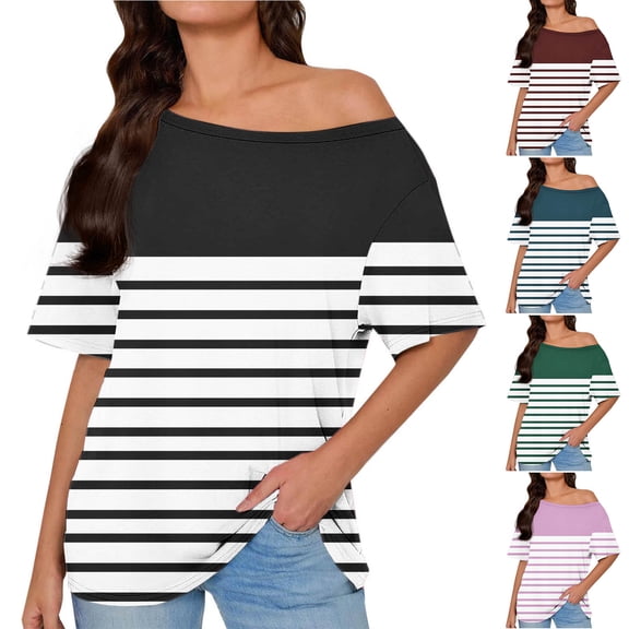 HomeDM Women's Short Sleeve T-Shirts Summer Cold Shoulder Casual Shirts Dressy Beach Vacation Blouse Tops - Black/2XL