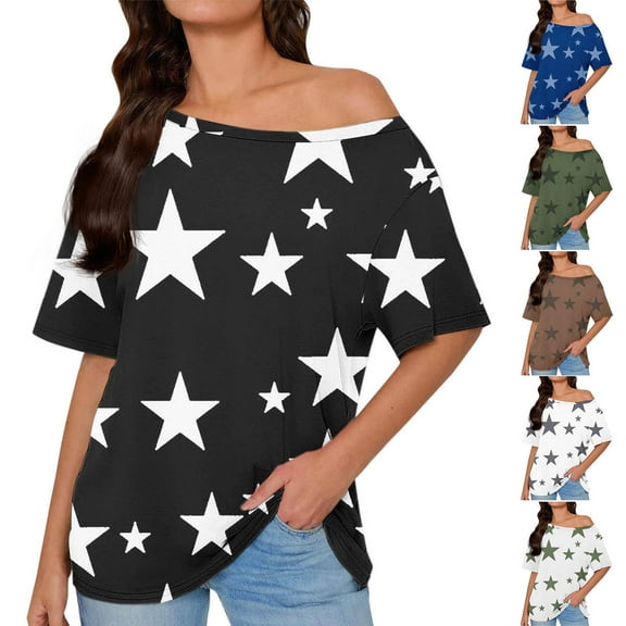 HomeDM Women's Short Sleeve T-Shirts Summer Cold Shoulder Casual Shirts Dressy Beach Vacation Blouse Tops - Black/S