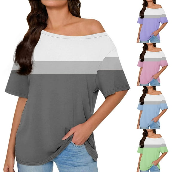HomeDM Women's Short Sleeve T-Shirts Summer Cold Shoulder Casual Shirts Dressy Beach Vacation Blouse Tops - Gray/S