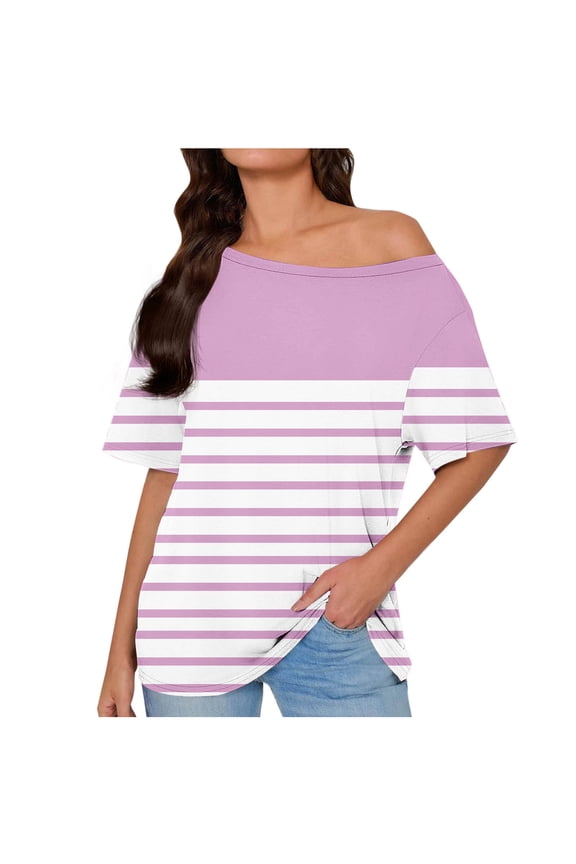 Women's Short Sleeve T-Shirts Summer Cold Shoulder Casual Shirts Dressy Beach Vacation Blouse Tops - Pink/S