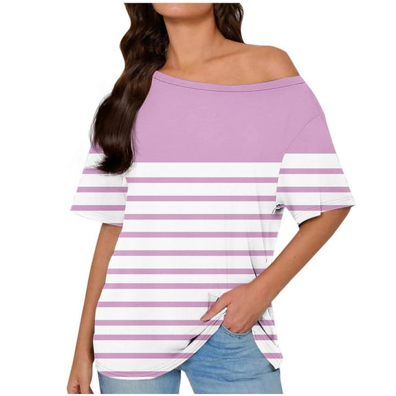 HomeDM Women's Short Sleeve T-Shirts Summer Cold Shoulder Casual Shirts Dressy Beach Vacation Blouse Tops - Pink/XL