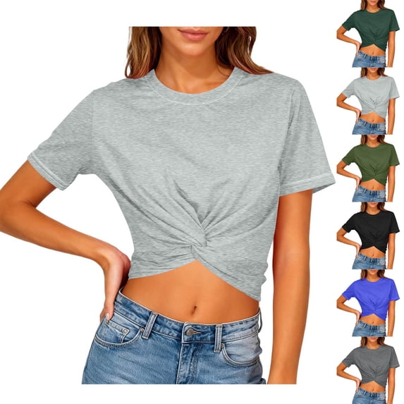 HomeDM Women's Short Sleeve T-Shirts Summer Crop Tops Crew Neck Twist Front Tee Shirt - Gray/L