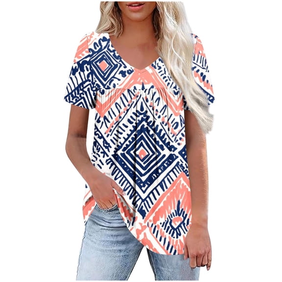 HomeDM Women's Short Sleeve T-Shirts Summer Pleated V Neck Floral Flowy Tops Trendy Loose Work Shirts S-2XL