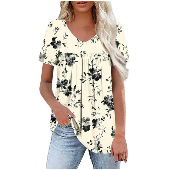 HomeDM Women's Short Sleeve T-Shirts Summer Pleated V Neck Floral Flowy Tops Trendy Loose Work Shirts S-2XL