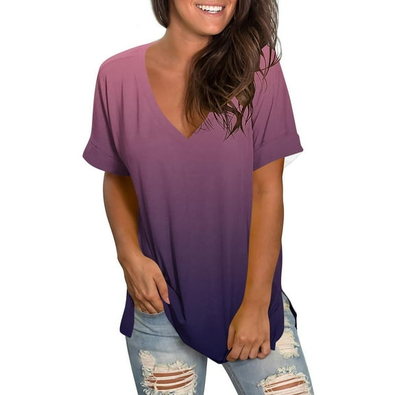 HomeDM Women's Short Sleeve V Neck T-Shirts Summer Tunic Tops Loose Fit Shirts Side Split Basic Tee Shirts S-3XL