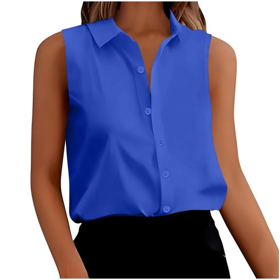 HomeDM Women's Sleeveless Button Down Tank Tops, Collared V Neck Solid Color Shirts Casual Work Business - Blue/M