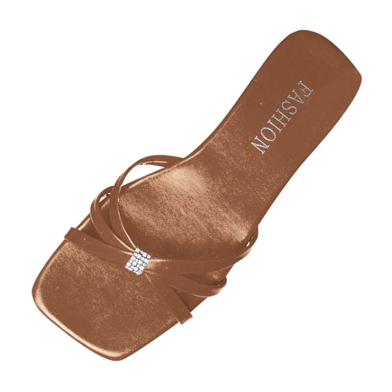 HomeDM Women's Slide Sandals Square Open Toe Flat Strappy Sandals Summer Slip On Beach Vacation Slides, Brown Size 5.5