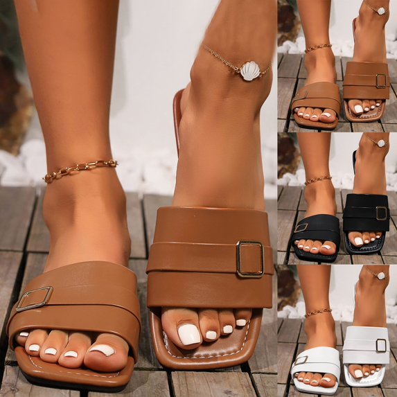 HomeDM Women's Slides Sandals Strappy Square Open Toe Summer Beach Slip On Slippers, Brown Size 5.5