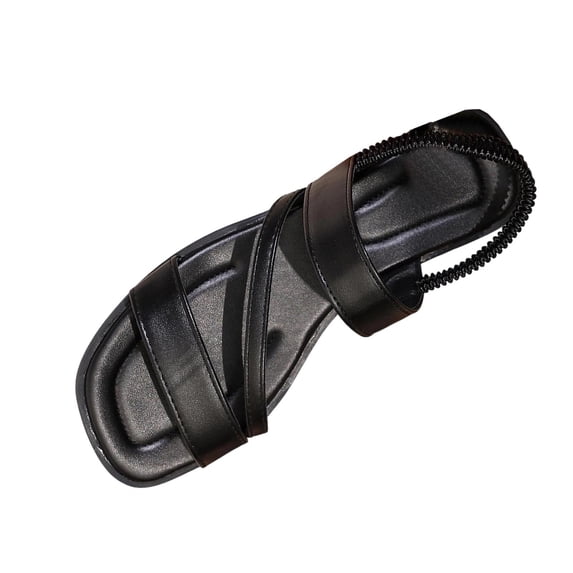 HomeDM Women's Square Open Toe Flat Sandals Elastic Ankle Strap Summer Beach Walking Sandals, Black Size 5.5