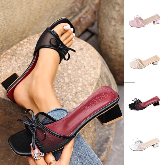 HomeDM Women's Square Open Toe Low Block Chunky Heels Sandals Dress Casual Summer Slip On Mules Slide Sandals, Black Size 5.5