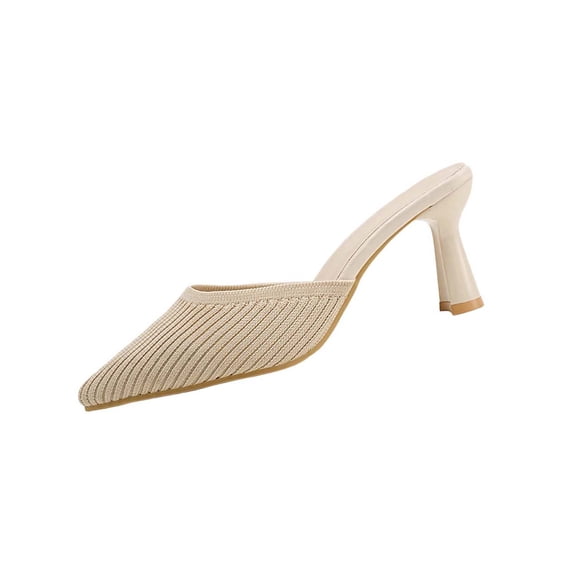 HomeDM Women's Stiletto Heels Slip-On Mules Closed Pointy Toe Mesh Knit Backless Dress Slides Sandals Summer Party Pumps, Beige Size 6