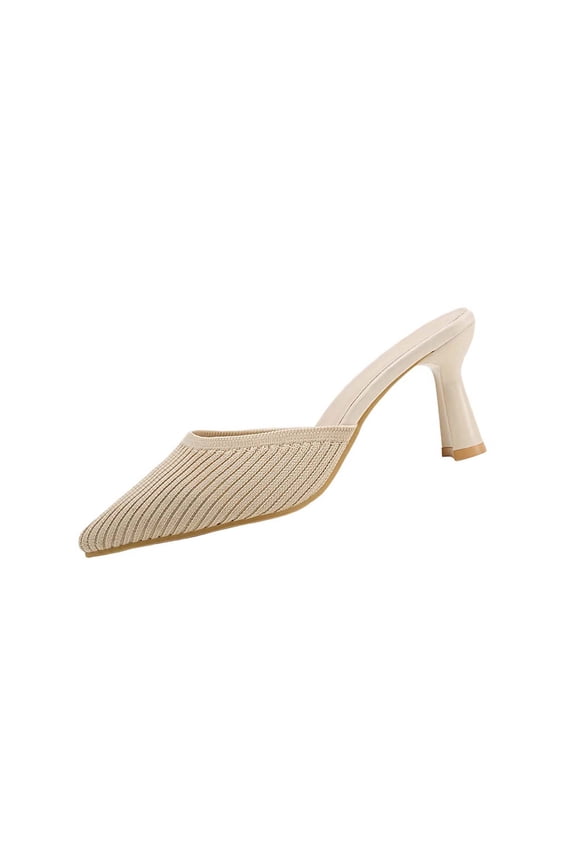 Women's Stiletto Heels Slip-On Mules Closed Pointy Toe Mesh Knit Backless Dress Slides Sandals Summer Party Pumps, Beige Size 6