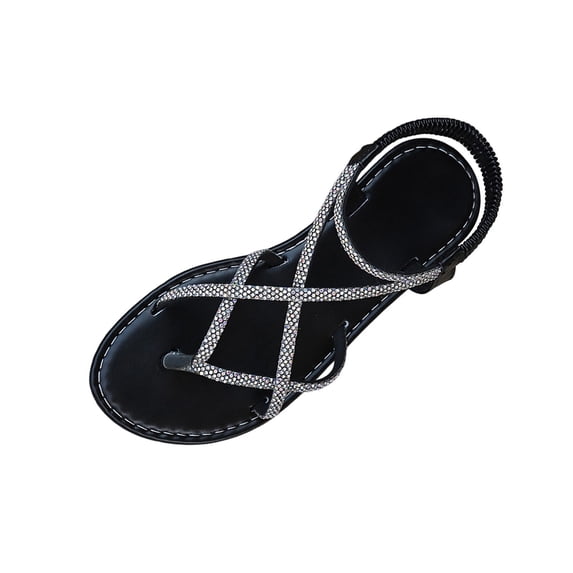HomeDM Women's Strappy Flat Sandals Open Toe Elastic Ankle Strap Flip Flops Summer Beach Thong Sandals, Black Size 6