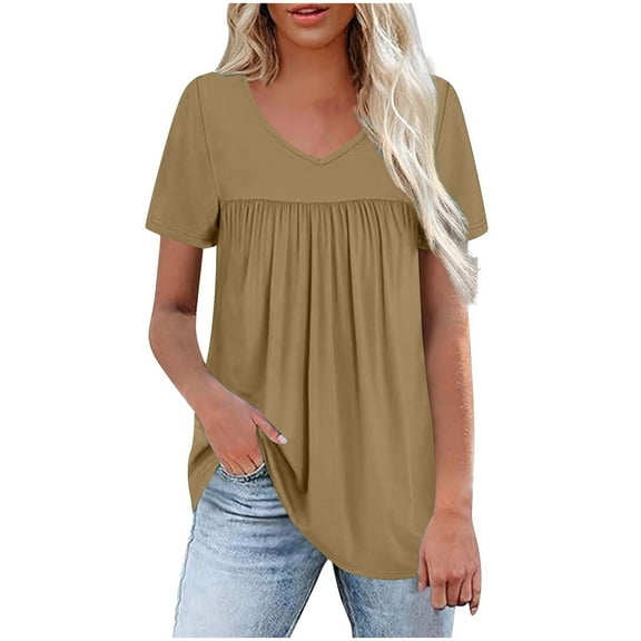 HomeDM Women's Summer Short Sleeve T-Shirts Pleated V Neck Solid Color Casual Tops Trendy Loose Tunic Tops - Khaki/L