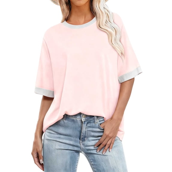 HomeDM Women's Summer Tops Crew Neck Short Sleeve T Shirts Loose Fit Color Block - Pink/5XL