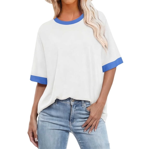 HomeDM Women's Summer Tops Crew Neck Short Sleeve T Shirts Loose Fit Color Block - White/S