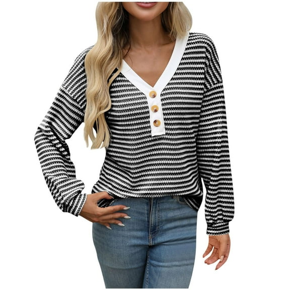 HomeDM Women's Sweater Long Sleeve Pullover Button Down V Neck Sweater Soft Knit Casual Fall Tops - Black/M