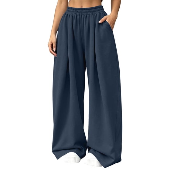 HomeDM Women's Sweatpants Wide Leg Elastic Waist Casual Baggy Workout Pants with Pockets Navy S