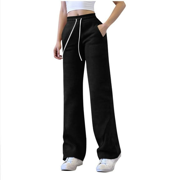 HomeDM Women's Sweatpants - Wide Leg Sweat Pants Solid Color Drawstring Elastic Athletic Pants with Pockets - Black/XL