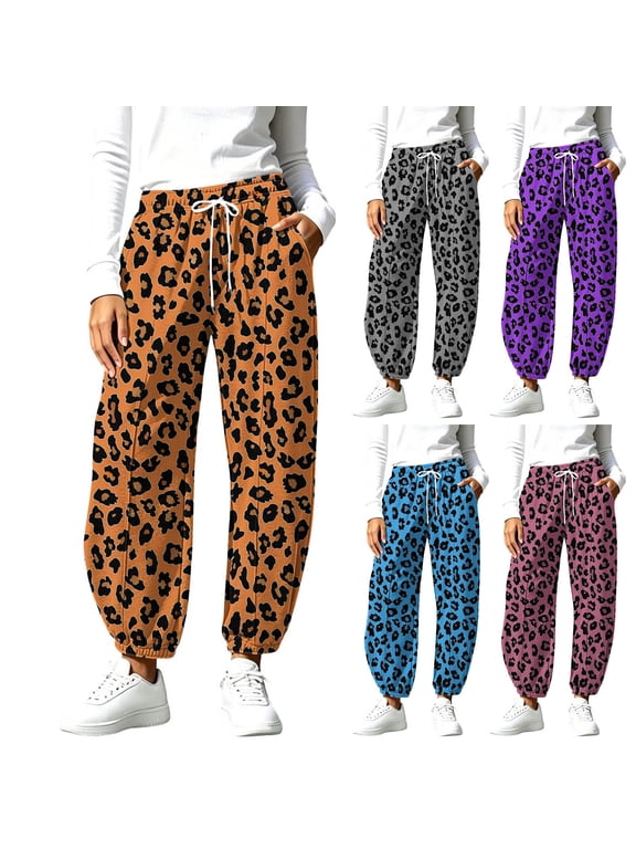 Women's Sweatpants for Casual Drawstring Workout Joggers with Pockets Brown Casual Pants Leopard Print Size S