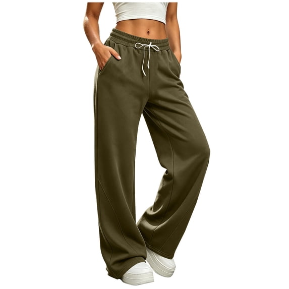 HomeDM Women's Sweatpants with Pockets Drawstring Wide Leg Army Green Athletic Lounge Pants Size 2XL