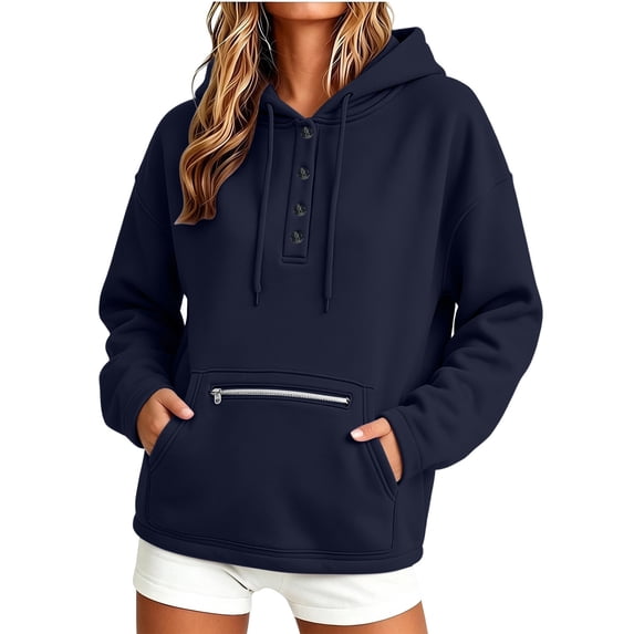 HomeDM Women's Sweatshirt Henley Button Drawstring Hoodie with Pocket Long Sleeve Pullover Solid Color
