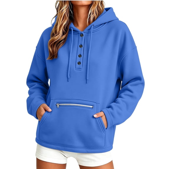 HomeDM Women's Sweatshirt Henley Button Drawstring Hoodie with Pocket Long Sleeve Pullover Solid Color