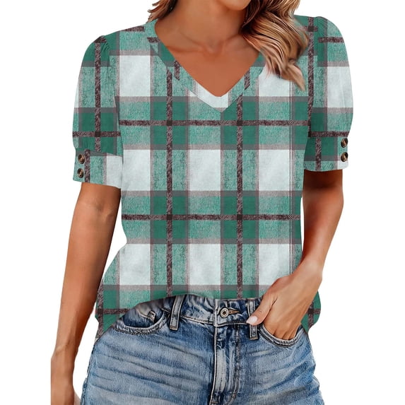 HomeDM Women's T-Shirts Short Sleeve V Neck Casual Tops Plaid Loose Fit Dressy Shirts - Green/S