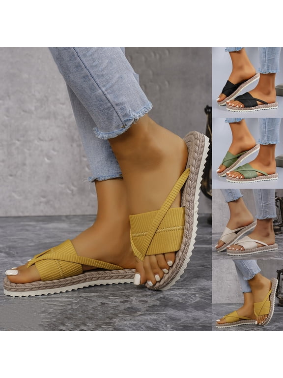 Women's Thong Sandals Slip On Low Espadrilles Platform Slides Comfortable Summer Beach Flat Sandals, Yellow Size 6
