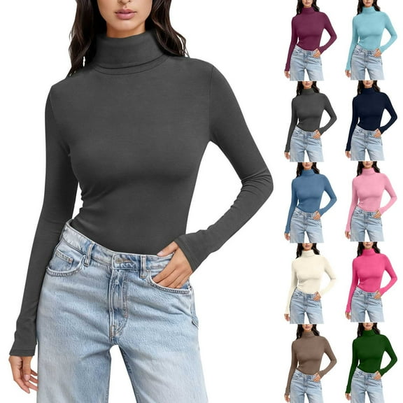 HomeDM Women's Turtleneck Long Sleeve Shirts, Solid Color Basic Pullover Tops Fall Layer Slim Fit Tee Shirt - Dark Gray/M