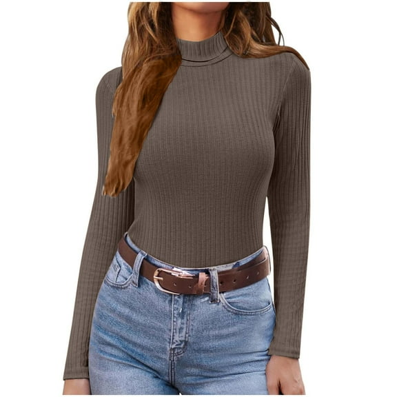 HomeDM Women's Turtleneck Long Sleeve Shirts, Solid Color Ribbed Basic Pullover Tops Fall Layer Slim Fit Tee Shirts - Coffee/S