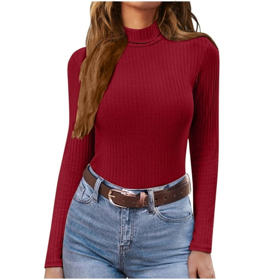 HomeDM Women's Turtleneck Long Sleeve Shirts, Solid Color Ribbed Basic Pullover Tops Fall Layer Slim Fit Tee Shirts - Red/2XL