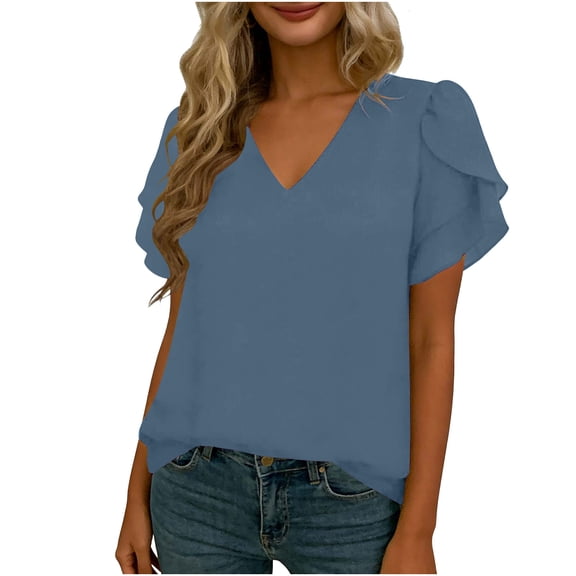 HomeDM Women's V Neck Summer T Shirts, Petal Short Sleeve Pullover Shirts Solid Color Basic Loose Fit Tee - Navy/M