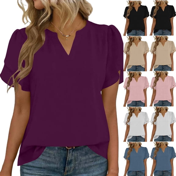 HomeDM Women's V Neck Summer T Shirts, Petal Short Sleeve Pullover Shirts Solid Color Basic Loose Fit Tee - Purple/L