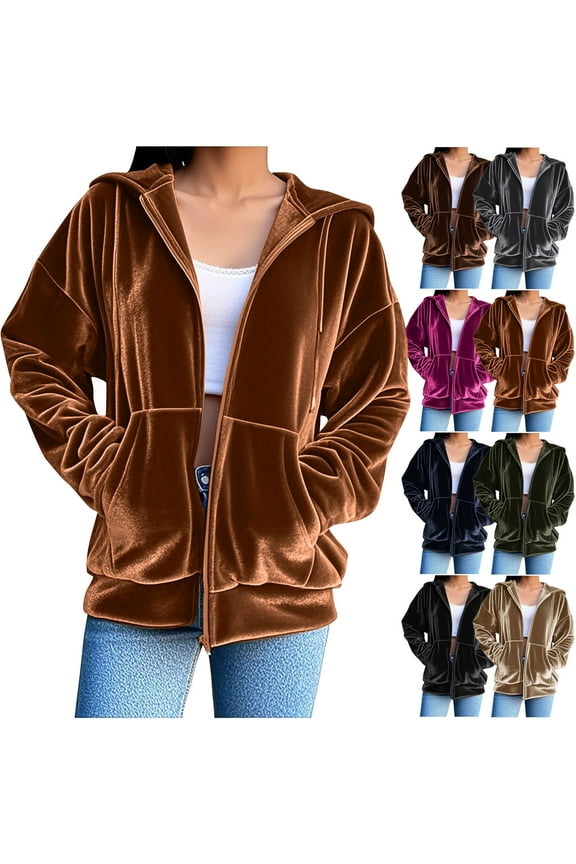 Women's Velour Hooded Jacket Long Sleeve Full Zip Outerwear Soft Warm Velvet Jacket with Side Pockets