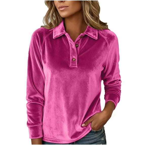 HomeDM Women's Velvet Long Sleeve Sweatshirts, Solid Color Button Down Collared V Neck Pullover Tops for Fall Winter - Hot Pink/2XL