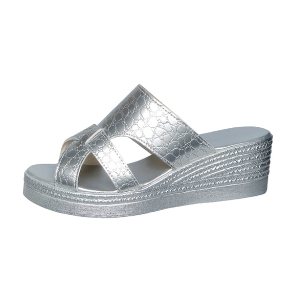 HomeDM Women's Wedge Flatform Sandals Open Toe Comfortable Arch Support Slip-On Summer Beach Sandals, Silver Size 7.5