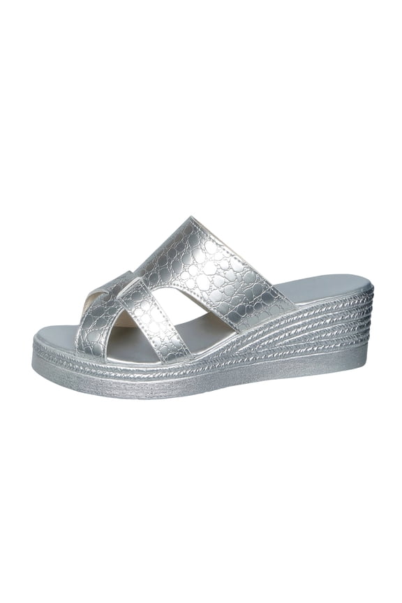 Women's Wedge Flatform Sandals Open Toe Comfortable Arch Support Slip-On Summer Beach Sandals, Silver Size 7