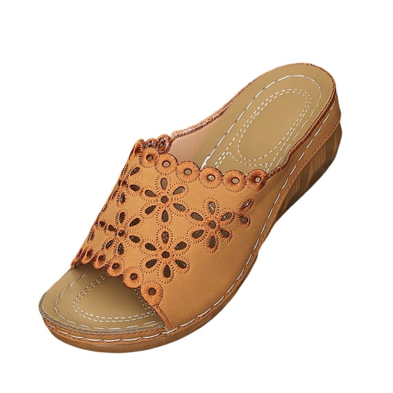 HomeDM Women's Wedge Flatform Sandals Summer Comfort Open Toe Slip-On Summer Beach Sandals, Brown Size 9