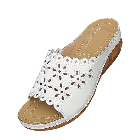HomeDM Women's Wedge Flatform Sandals Summer Comfort Open Toe Slip-On Summer Beach Sandals, White Size 7