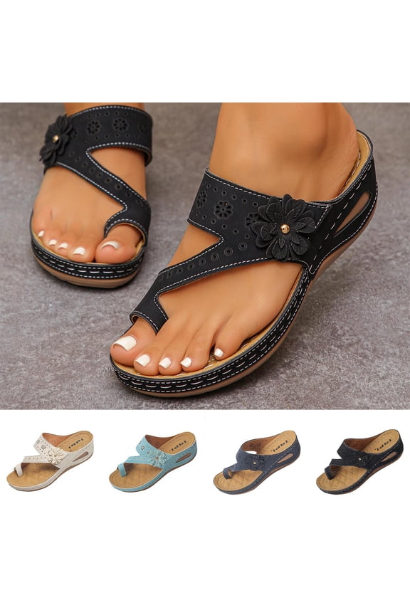 Women's Wedge Flip-Flops Sandals Comfortable Arch Support Summer Casual Slip-On Toe Ring Thong Sandals, Black Size 7.5