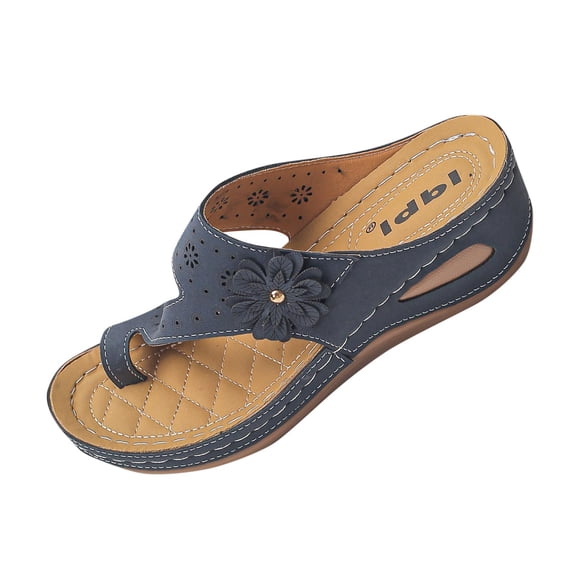 HomeDM Women's Wedge Flip-Flops Sandals Comfortable Arch Support Summer Casual Slip-On Toe Ring Thong Sandals, Navy Size 8.5