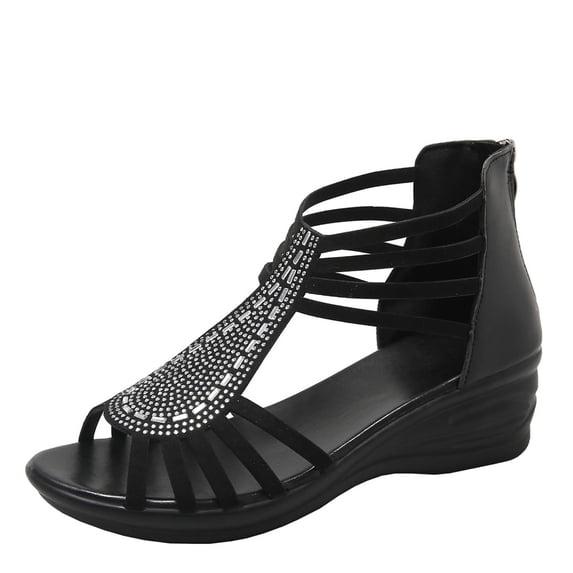 HomeDM Women's Wedge Low Heels Sandals Open Toe Back Zipper Strappy Rhinestone Summer Beach Sandals, Black Size 7