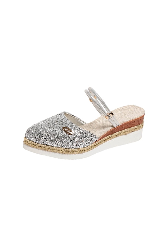 Women's Wedge Platform Espadrille Sandals Closed Pointy Toe Summer Slip-On Mules for Beach Vacation, Silver Size 6