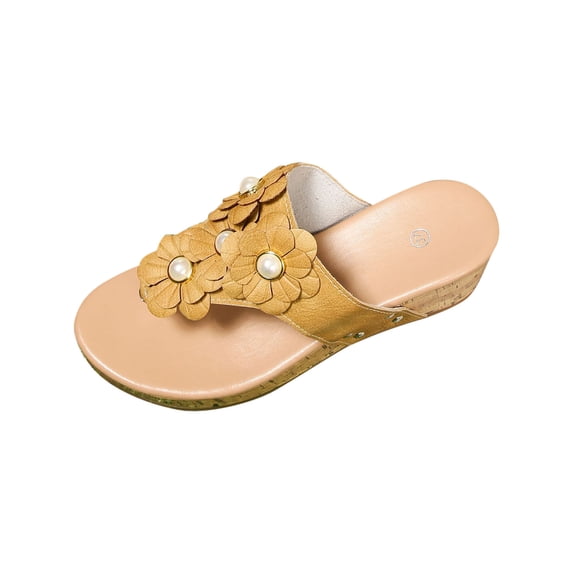 HomeDM Women's Wedge Platform Flip Flops Sandals Comfortable Arch Support Summer Flower Thong Sandals, Yellow Size 8.5