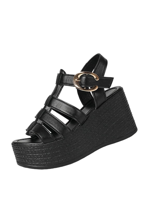 Women's Wedge Platform Sandals Ankle Strap Open Toe Summer Casual Strappy Sandals, Black Size 5.5
