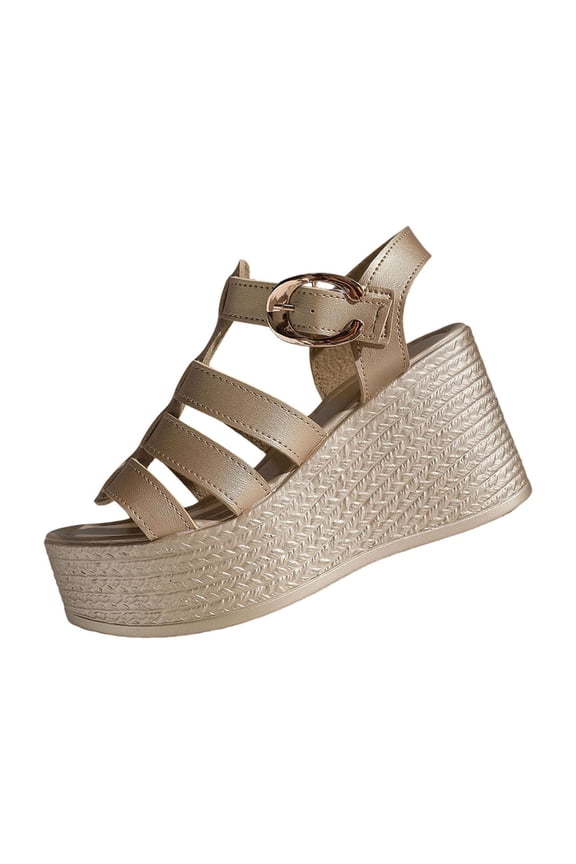 Women's Wedge Platform Sandals Ankle Strap Open Toe Summer Casual Strappy Sandals, Gold Size 6