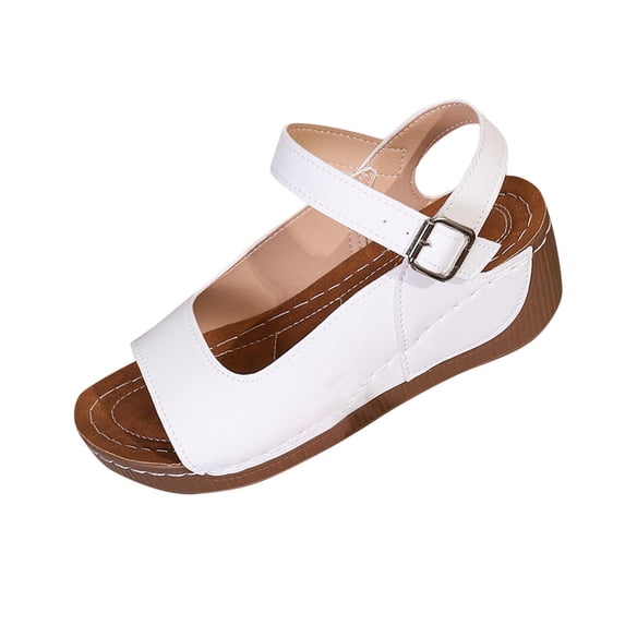 HomeDM Women's Wedge Platform Sandals Open Toe Ankle Strap Casual Summer Beach Vacations Slide Sandals, White Size 7.5